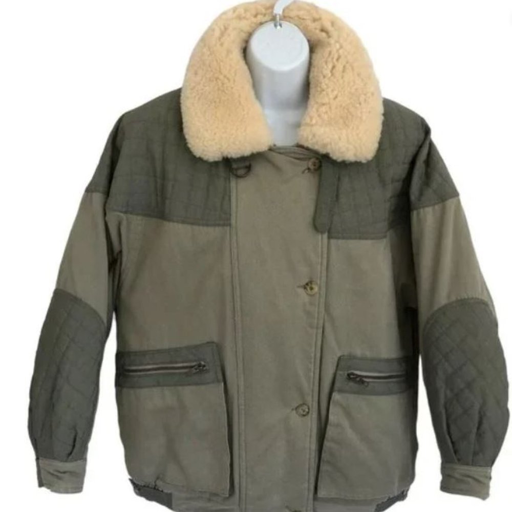 Vintage Eddie Bauer Women M Goose Down Quilted Jacket Army Green Sherpa Collar